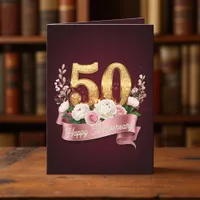 Burgundy and Rose Floral 50 Wedding Anniversary Card