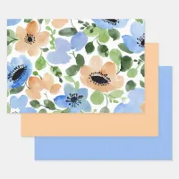 Flowers All Over, Peach, Blue, Green Watercolor Wrapping Paper Sheets