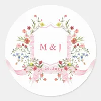 Pink Watercolor Regency Crest Floral Wedding Classic Round Sticker