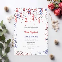 Patriotic red blue white confetti birthday party invitation