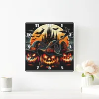 Spooky pumpkins shine in moonlight square wall clock