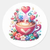 Cute Pink Whimsical Coffee & Hearts Classic Round Sticker