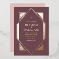 Mauve Plum & Rose Gold Gatsby Art Deco Wedding Foil Invitation