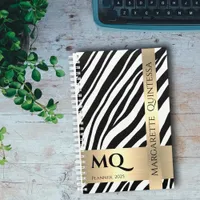 Black White Zebra Skin Gold Monogram Initials Name Planner