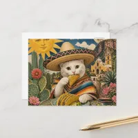 Surreal cat eating tacos collage postcard