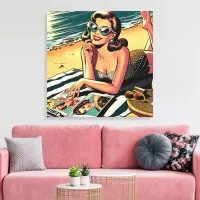 Retro Woman at Beach reading a Fashion Magazine Canvas Print