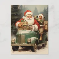 Santa and Kid in a Small Green Car with Gifts Holiday Postcard