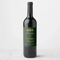 Monogram Elegant Dark Green and Gold Wedding  Wine Label