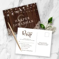 Rustic Wood String Lights Lace Wedding RSVP Postcard