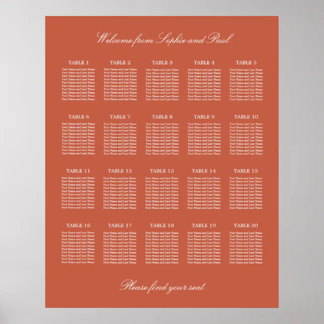 Terracotta 20 Table Wedding Seating Chart Poster