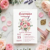 Watercolor Blush Pink Rose Floral Quinceañera  Invitation