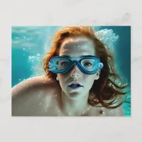 Beautiful Red Haired Woman Scuba Glasses Swim Postcard