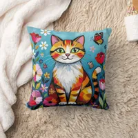 Impasto Cat, Flowers & Butterfly Throw Pillow