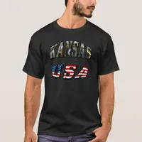 Kansas Picture and USA Flag Font T-Shirt