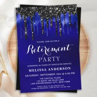 Elegant Blue Black Glitter Drips Retirement Party  Invitation