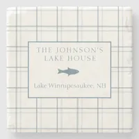 Classic Customizable Plaid Lake House Blue Fish Stone Coaster