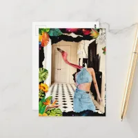 Surreal Flamingo Wearing Blue with flowers collage Postcard