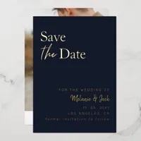 Navy Simple Calligraphy Photo Save The Date Foil Invitation