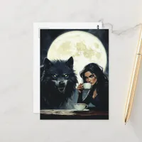 Coffee With the Wolf during a full moon Postcard