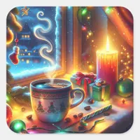 Hot Chocolate in a Christmas Window   Square Sticker