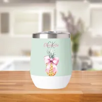 Pink bow pineapple tropical summer sage green thermal wine tumbler