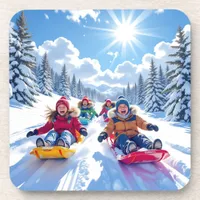Children Sledding Winter Christmas Beverage Coaster
