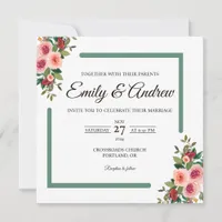Blush Rose Frame Floral Watercolor Square Wedding Invitation