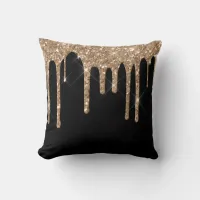 *~* Gold Glitter Drip Drips Black  Throw Pillow