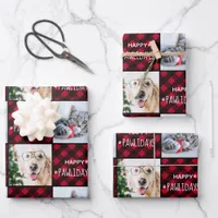 Happy Pawlidays Red Buffalo Plaid Custom 2 Photo Wrapping Paper Sheets
