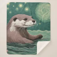 Otter in a Starry Night Ocean Sage and Rose Color Sherpa Blanket