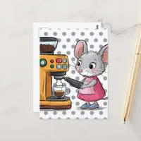 Adorable Grey Mouse Making Coffee Postcard