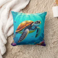 Sea Turtle Vibrant Ocean Illustration Throw Pillow