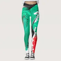 Red, Green, Black and White Marble Fluid Art  Leggings