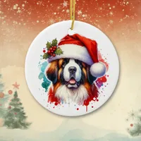 St Bernard in Santa Hat Personalized Christmas Ceramic Ornament