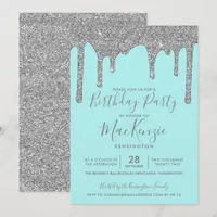 Aqua Teal Silver Sparkle Glitter Drips Birthday Invitation