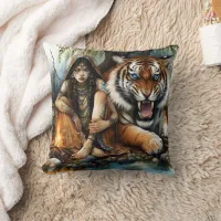 Native American Woman Sitting Next To A Tiger Throw Pillow