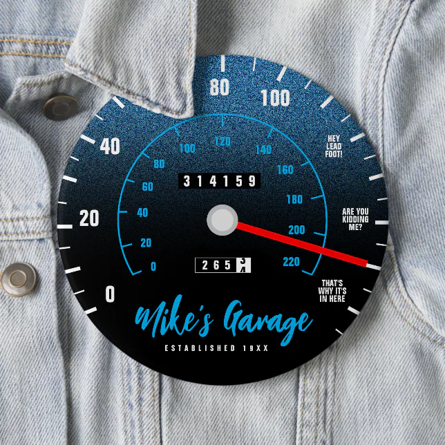 Funny Manly Car Odometer Speedometer Blue Glitter Button