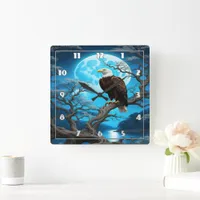 Eagle Perched on a Branch Under a Full Moon Square Wall Clock