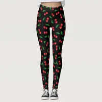 Summer Red Cherries on Black Fruit Patterned Leggings