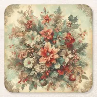 Elegant Vintage Christmas Flowers  Square Paper Coaster