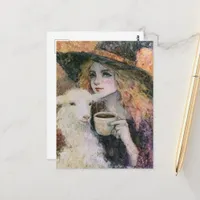 Gorgeous Witch and a White Angora Goat Coffee Postcard