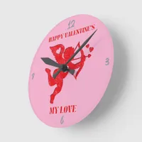 Minimalist Happy Valentine's My Love on pink | Round Clock