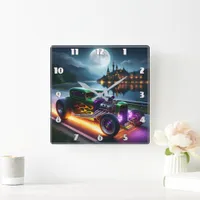 Hot rod racing by a night lake square wall clock