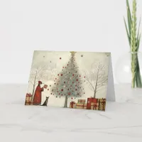 Village Christmas Tree and a Cat Holiday Greeting Card