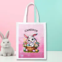 Cute Cartoon Easter Bunny in a Basket Personalized Grocery Bag