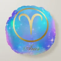 Zodiac Sign Aries Gold on Colorful Background | Round Pillow