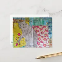 Cute Grey Kitty mixed media collage Postcard