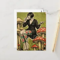 Beautiful Lady Drinks Tea Sits on Mushrooms Postcard