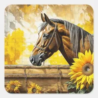 Horse and Sunflower Beautiful AI Art Square Sticker