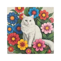 Fluffy White Cat and Folk Art Flowers
